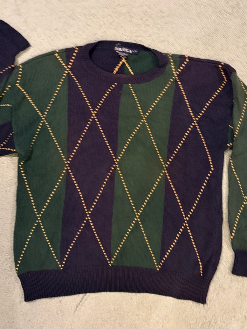 Vintage Mens Nautica Green & Navy Argyle Sweater Gold Stitching sz Large